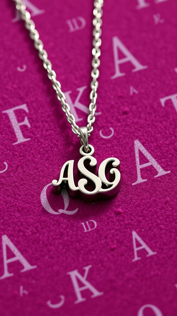 A close-up of a silver necklace with the initials 'ASG' on a pink background.