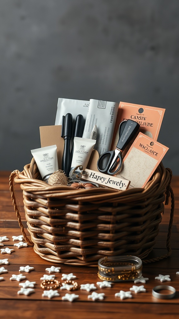 A beautifully arranged gift basket containing a personalized jewelry kit with various tools and materials.