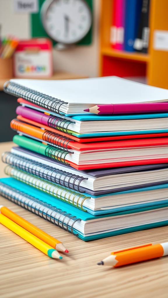 A stack of colorful spiral notebooks and colored pencils on a wooden desk.