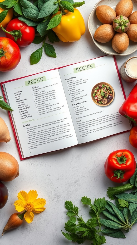 An opened recipe book with fresh vegetables and eggs around it.