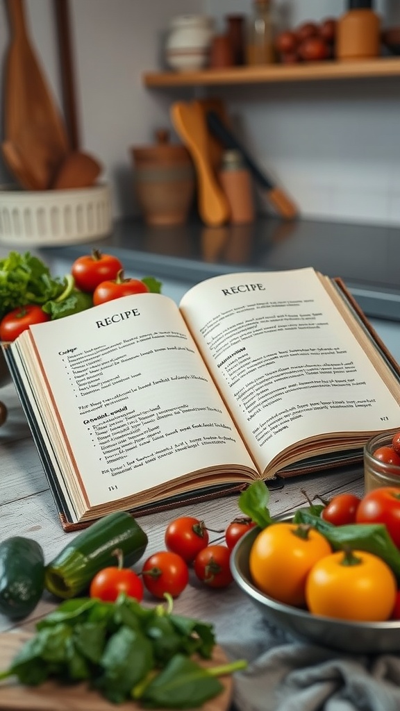Open recipe book with ingredients such as tomatoes and green peppers around it