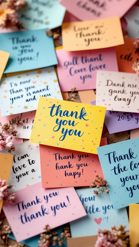 A collection of colorful thank you notes with heartfelt messages.