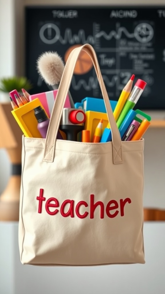 A beige tote bag filled with colorful classroom supplies, labeled with the word 'teacher' in red.