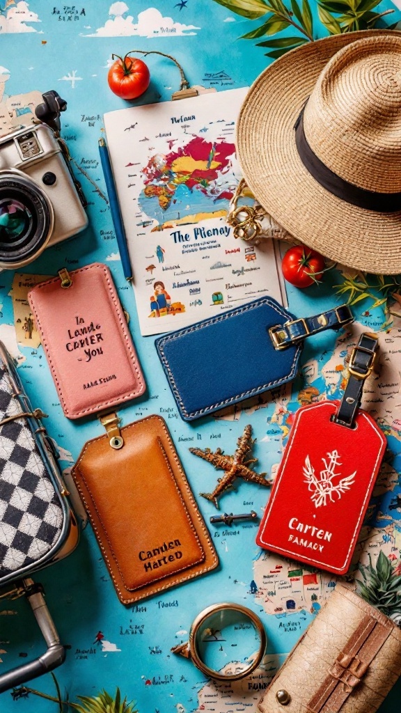 Personalized travel accessories including luggage tags and passport holders on a world map.