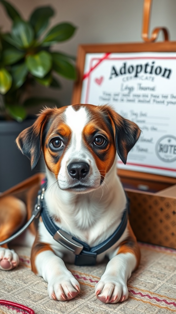 A cute dog with an adoption certificate nearby.
