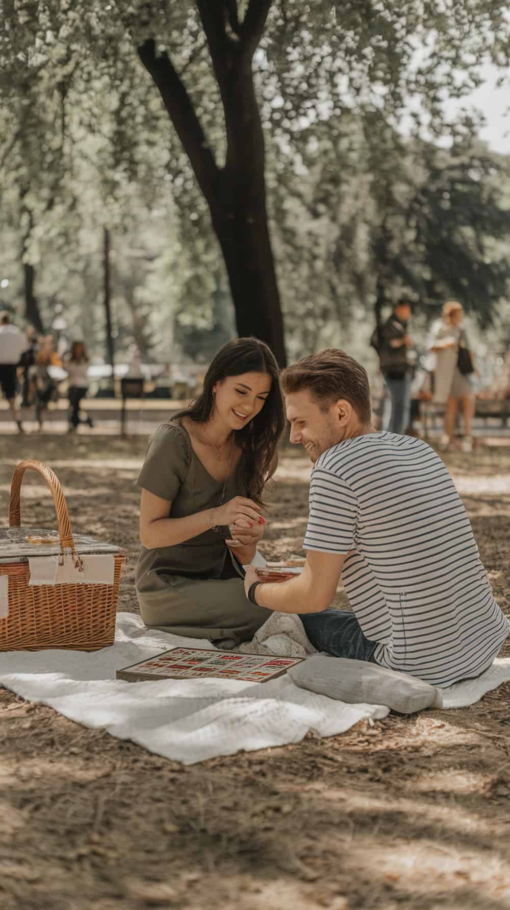A couple sits on a picnic blanket in a park, holding hands and smiling near a wicker basket.