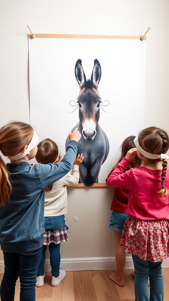 Children playing Pin the Tail on the Donkey at a party