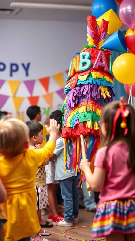 Children gathered around a colorful pinata during a party.