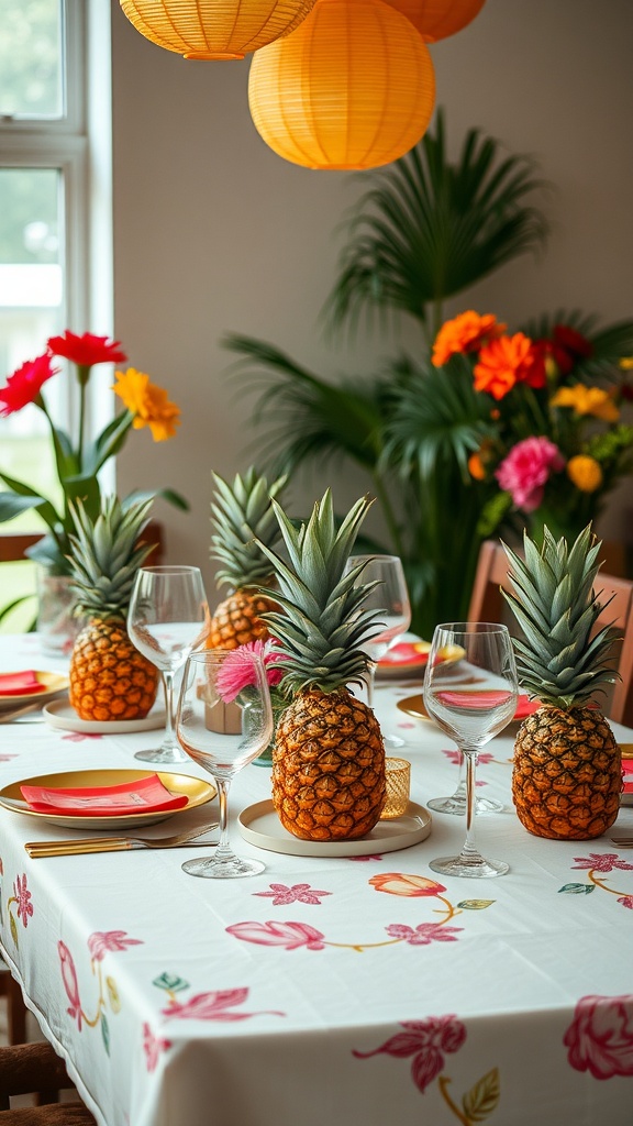 A tropical-themed table setting with pineapples as centerpieces, surrounded by wine glasses and colorful tableware, under orange paper lanterns and near vibrant flowers and a palm plant.