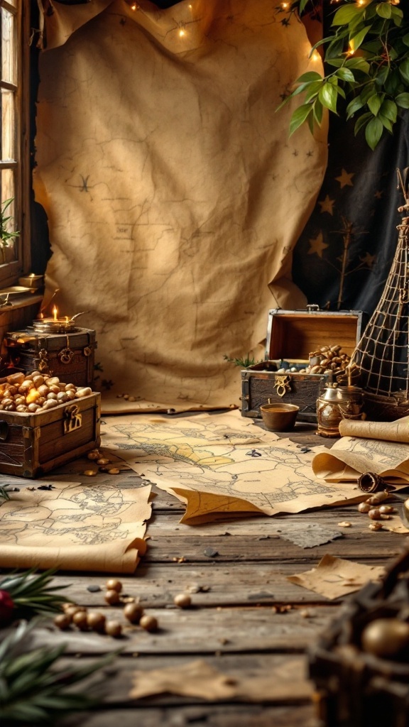 Pirate-themed treasure hunt setup with maps, treasure chests, and decorative elements.