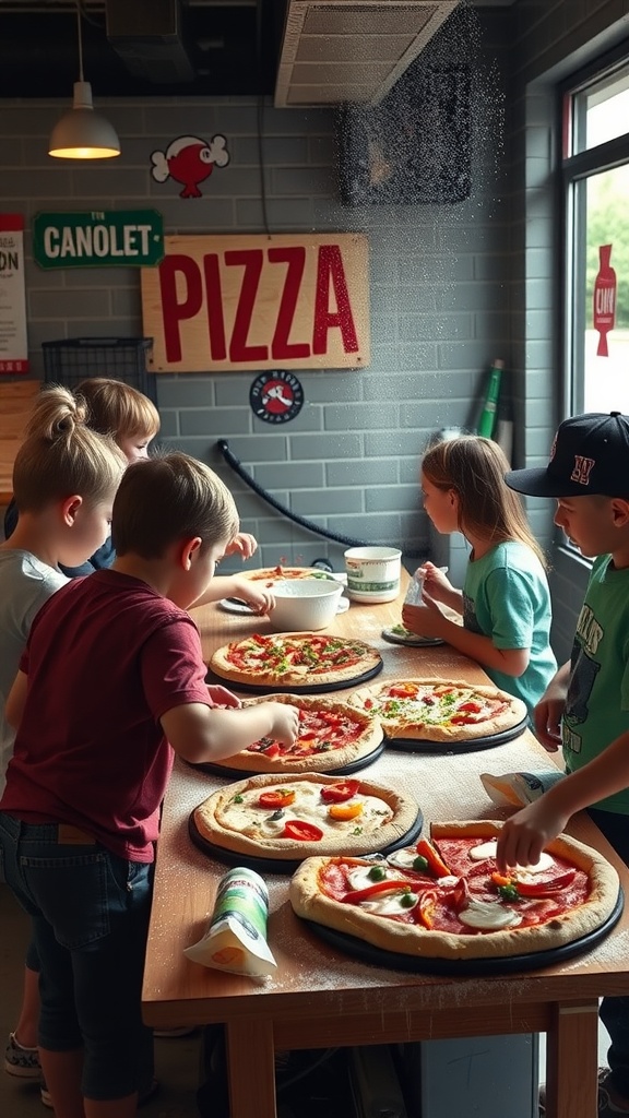 Children gathered around a table in a pizzeria, making their own pizzas with various toppings in a well-lit room with pizza-themed decorations on the walls.