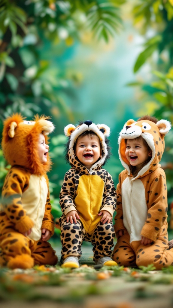 Three children in playful animal costumes, smiling and enjoying their time together.