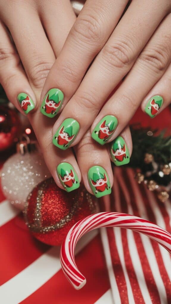 Fingernails painted in a festive Christmas theme featuring Santa designs on a green background, surrounded by holiday decorations including ornaments and a candy cane.