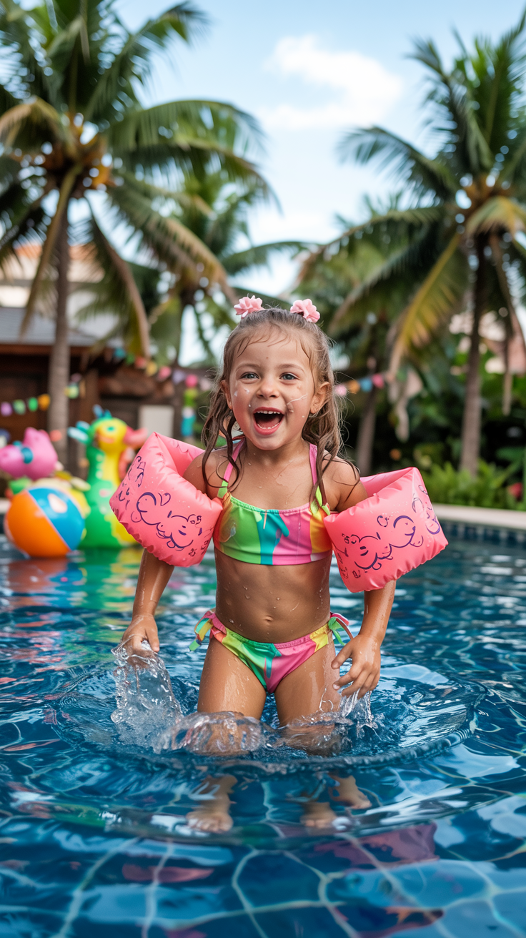 A young girl wearing a colorful bikini and pink flotation arm bands is joyfully splashing in a pool, surrounded by palm trees and inflatable pool toys.