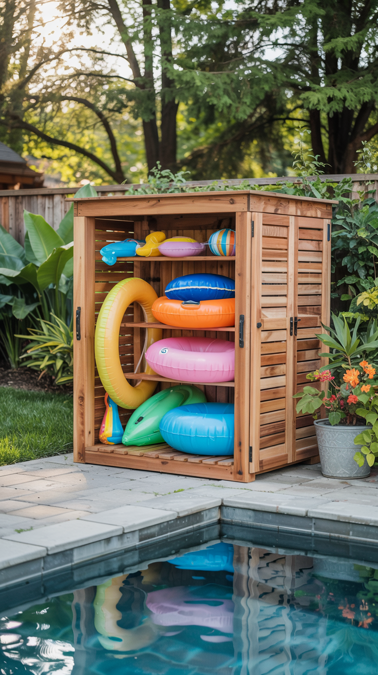 A wooden outdoor storage cabinet by a pool contains neatly arranged colorful inflatable pool toys, including rings and a dolphin float, set against a backdrop of lush greenery.