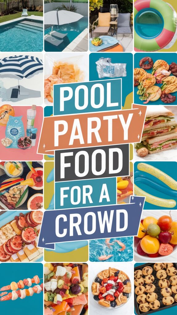 Collage with pool party food items like grilled vegetables, desserts, fruits, and drinks displayed around "Pool Party Food for a Crowd" text.