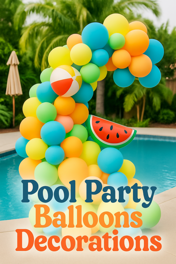 Colorful balloon arch by a pool with text reading "Pool Party Balloons Decorations."