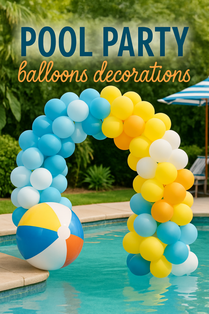 A colorful balloon arch with a beach ball at a poolside, surrounded by greenery.