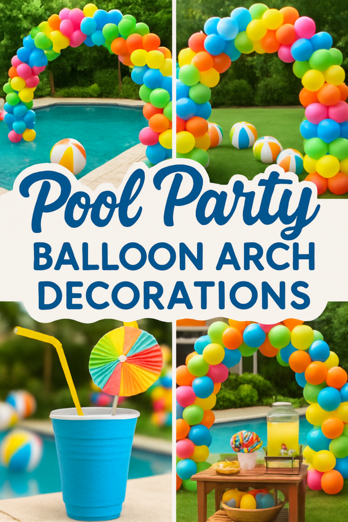 Colorful balloon arches and pool-themed decorations with a drink and a snack table, featuring text "Pool Party Balloon Arch Decorations."