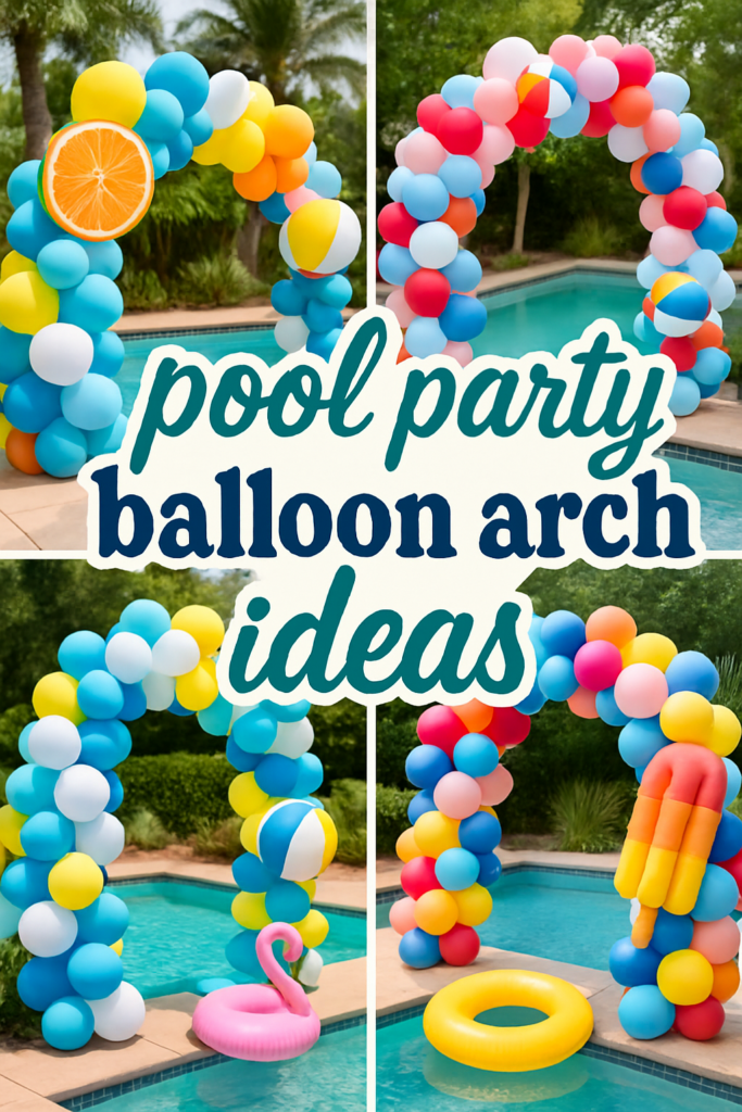 Colorful balloon arches by a pool with decorative inflatables, featuring text "pool party balloon arch ideas."