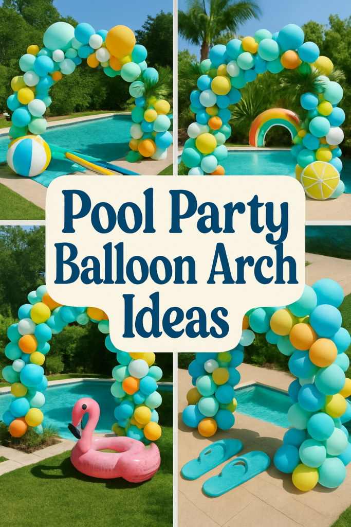 Four colorful balloon arches by a pool, each with summer items like an inflatable flamingo and beach balls.