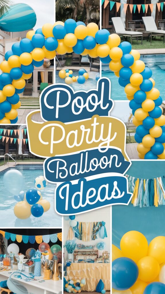 Collage featuring blue and yellow balloon decorations for a pool party, with text "Pool Party Balloon Ideas" in the center.