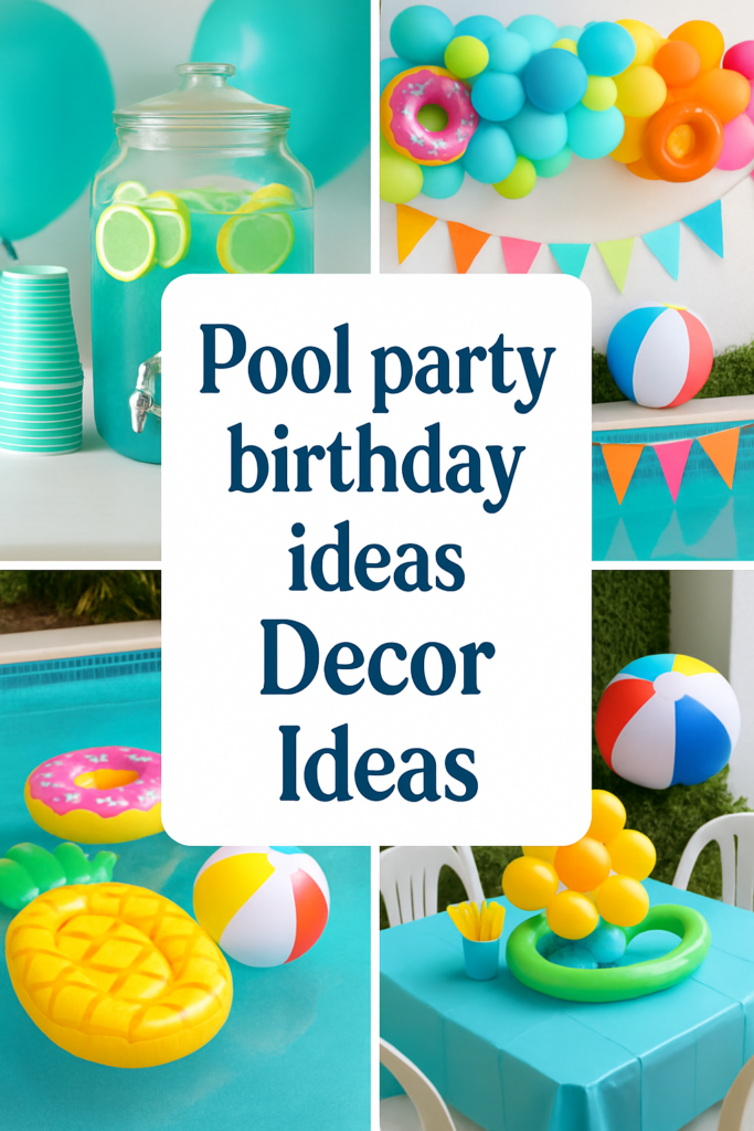 Bright pool party decor with inflatable toys, colorful balloons, a large drink dispenser, and playful beach balls.