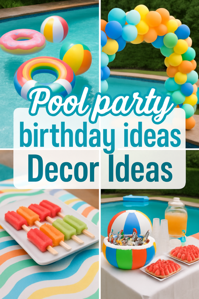 Colorful pool party decorations, with a balloon arch, pool floats, watermelon popsicles, and a beach ball beside a punch bowl.