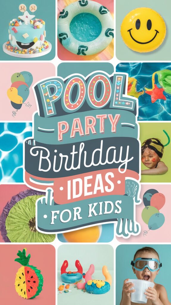 Collage of pool party decorations, including a cake, smiley float, rubber ducks, and a child's face painted. Text reads "Pool Party Birthday Ideas for Kids."
