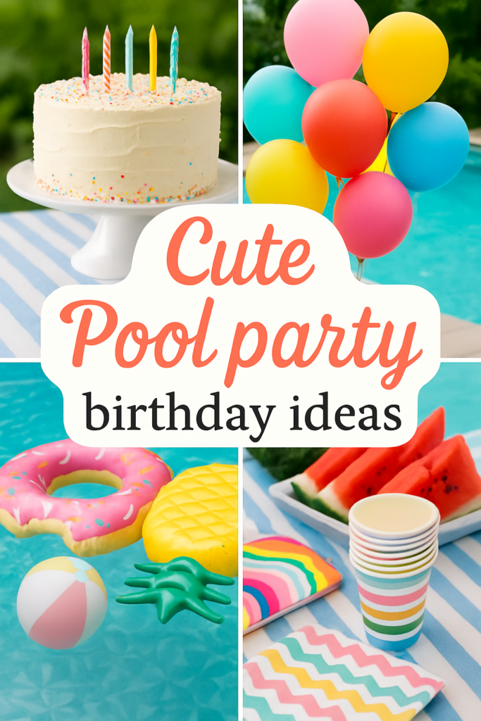 Birthday cake with candles, colorful balloons, pool floaties, and a table with watermelon slices and paper cups by a pool.