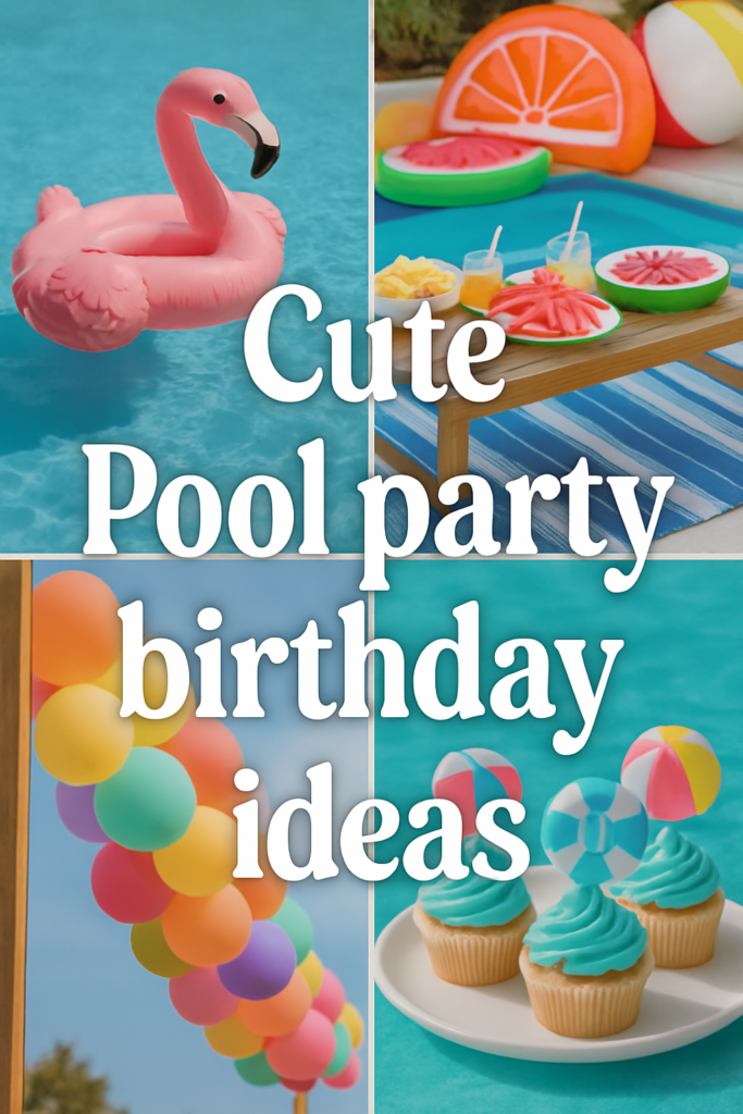 Collage of pool party items: flamingo float, fruit-themed treats, rainbow balloons, and cupcakes with beach balls.