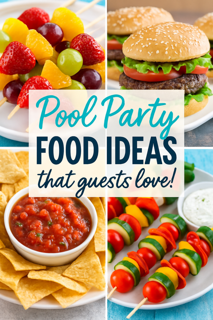 Collage of colorful fruit skewers, burgers, chips with salsa, and veggie skewers, with the text "Pool Party Food Ideas that guests love!"