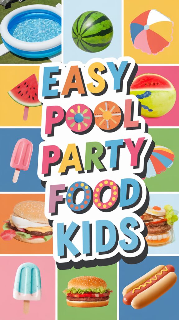 Colorful collage with text "Easy Pool Party Food Kids" surrounded by images of pool items, fruits, burgers, and popsicles.
