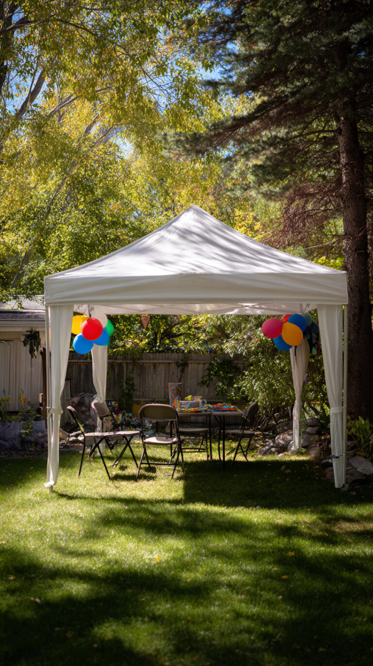 White canopy tent in a sunny backyard with colorful balloons and a table with chairs underneath.