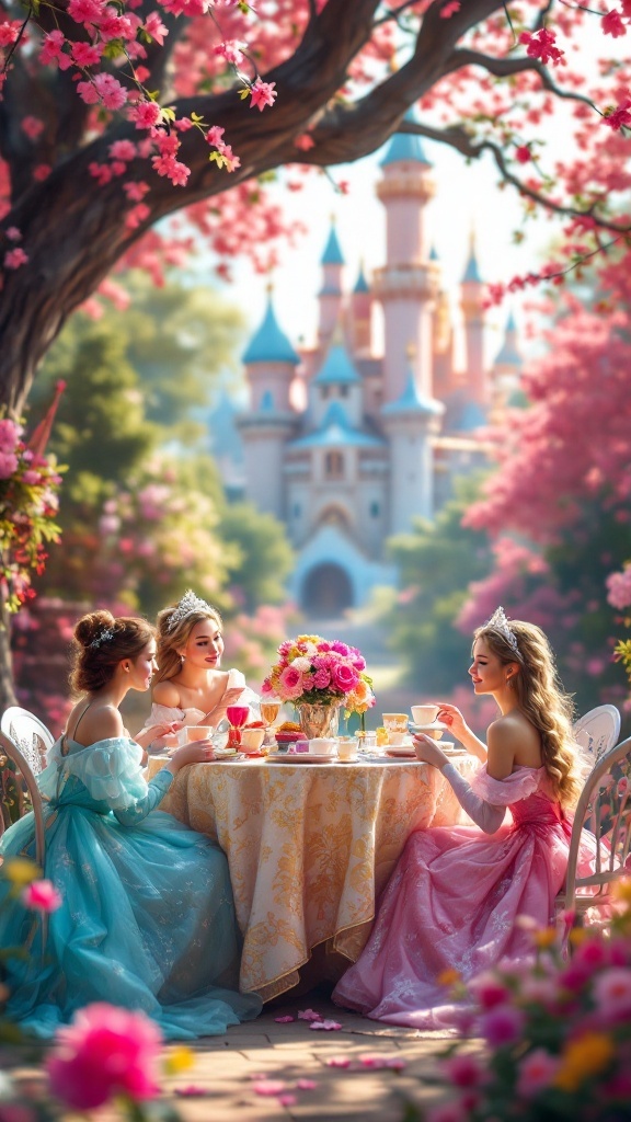 Three girls dressed as princesses having tea at a beautifully decorated table in a garden setting.