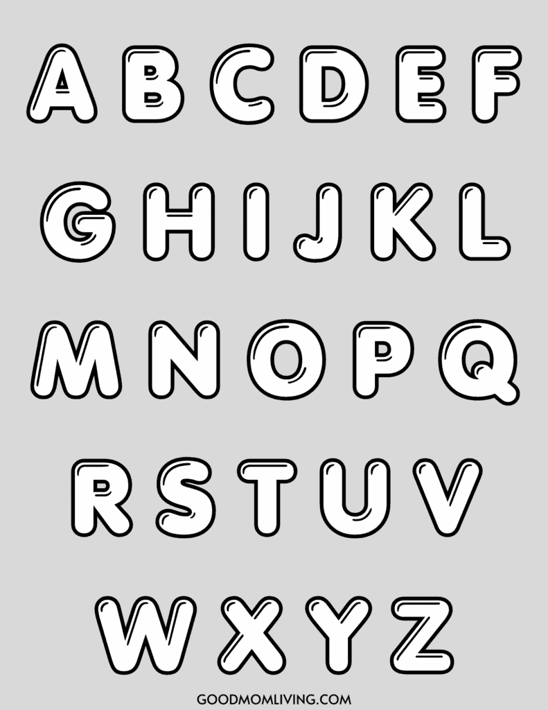 A graphic showing the uppercase English alphabet letters A to Z in a bold, outlined font with slight shadows, arranged in five rows against a light gray background.
