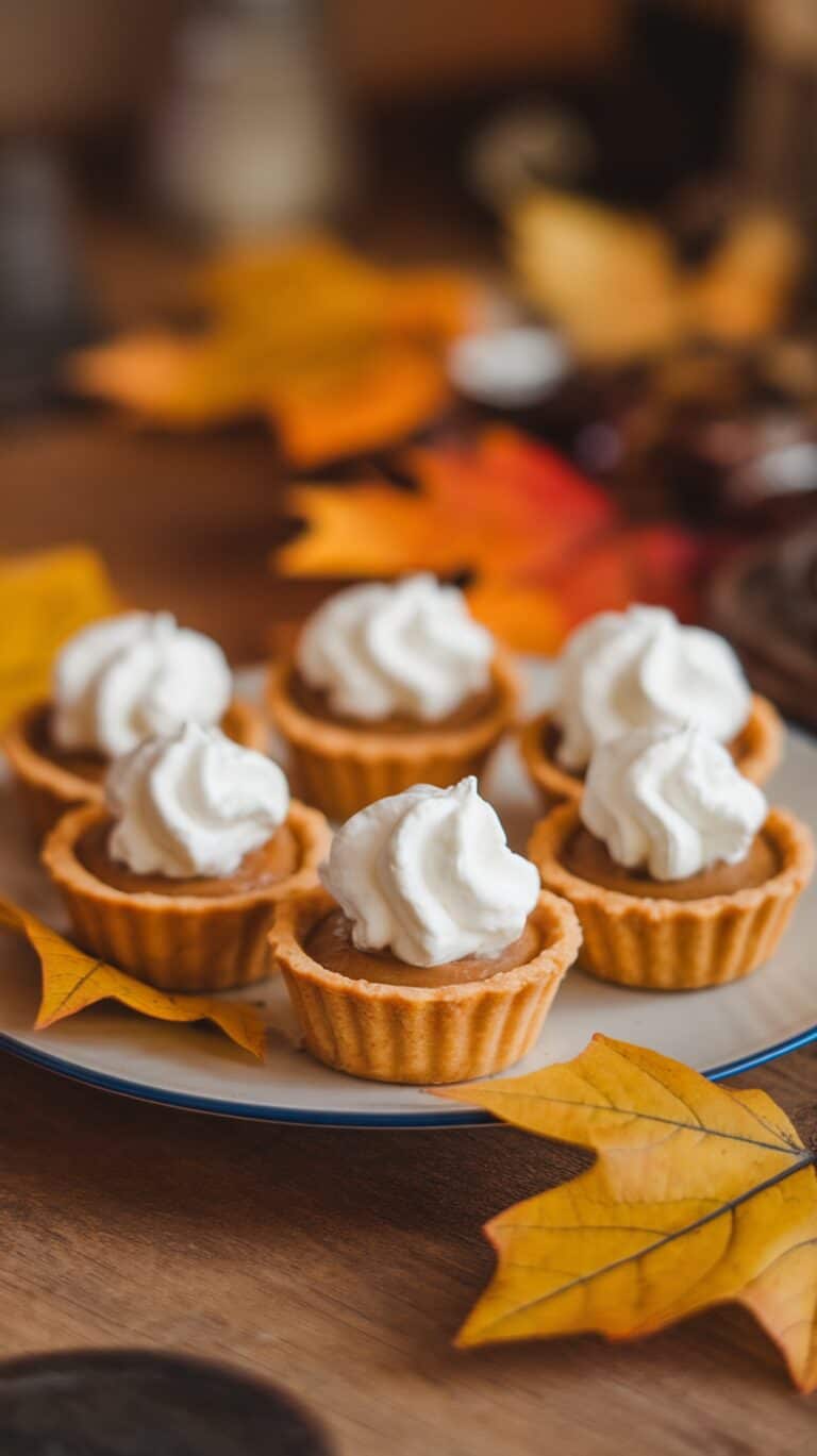 Plate of mini tarts topped with whipped cream, surrounded by colorful autumn leaves on a wooden table.