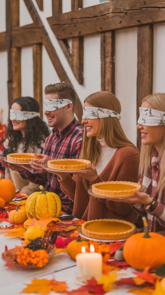 Four people sitting at a table, blindfolded, holding pumpkin pies; the table is decorated with autumn leaves, small pumpkins, and candles in a cozy setting.