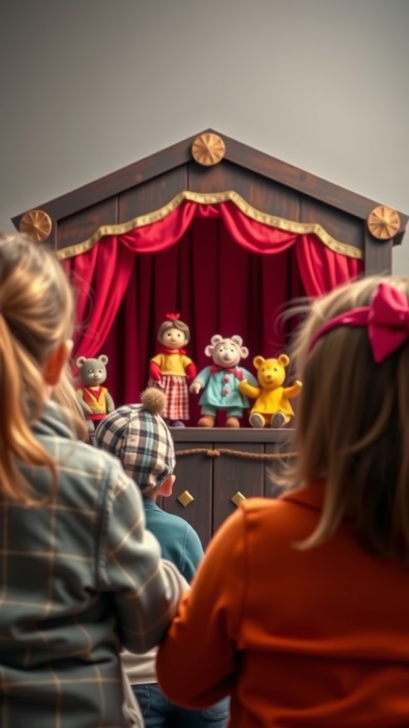Children watching a puppet show with colorful puppets performing on stage.
