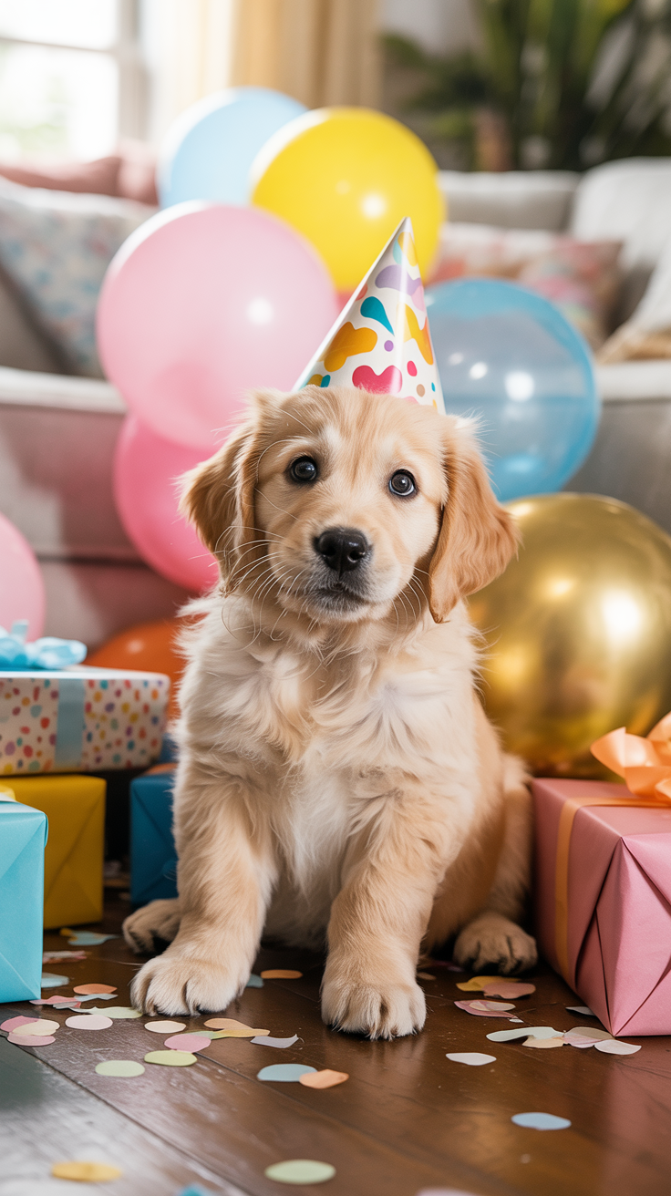 A golden retriever puppy wearing a colorful party hat sits among balloons, confetti, and wrapped gifts, looking at the camera in a festive setting.