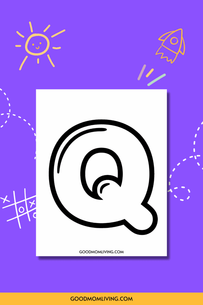A large, stylized black and white letter 'Q' on a white background, displayed on a purple background with playful drawings of a sun, rocket, and tic-tac-toe. The website 'GOODMOMLIVING.COM' is at the bottom of the white area.