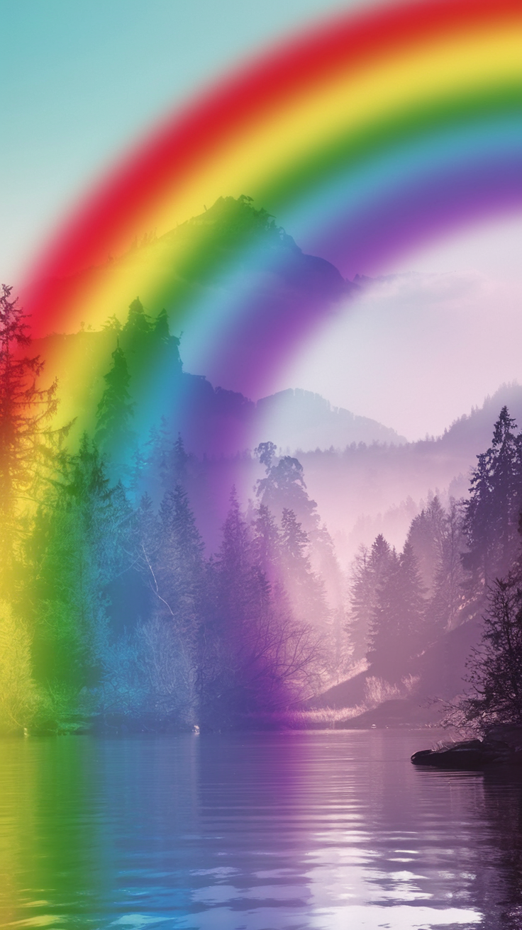 A vibrant rainbow arches over a tranquil landscape with a lake in the foreground and misty, forested mountains in the background.