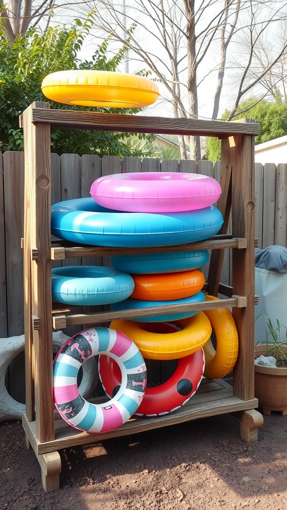 A wooden rack in a backyard holds a variety of colorful inflatable pool rings, including yellow, pink, blue, and multicolored patterns, with trees and a wooden fence in the background.