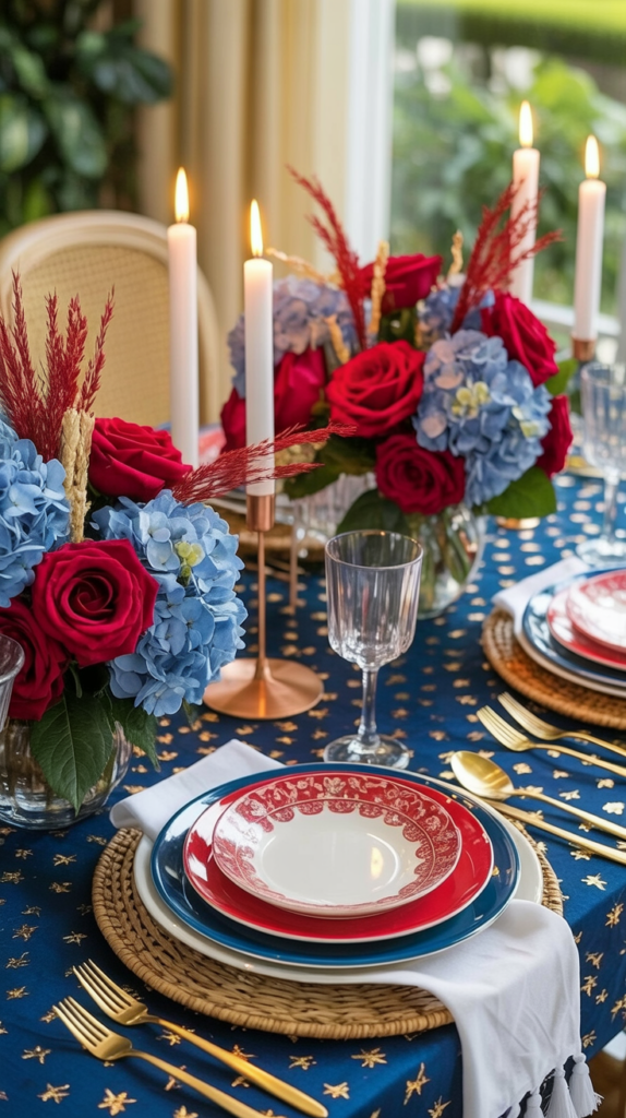 Elegant dining table set with red and blue floral centerpieces, lit candles, and plates on a star-patterned tablecloth.