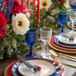 Elegant table setting with red candles, blue glasses, and vibrant floral centerpieces featuring red and white flowers.