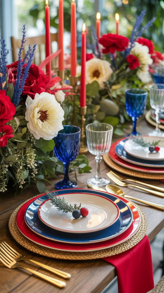 Elegant table setting with red candles, blue glasses, and vibrant floral centerpieces featuring red and white flowers.