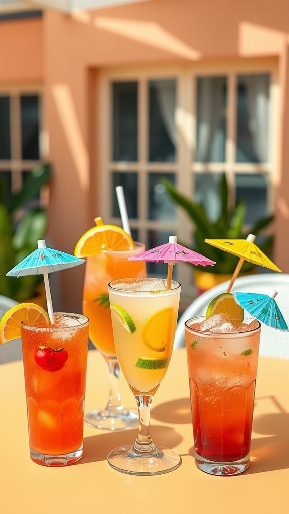 Four colorful cocktails with paper umbrellas and slices of citrus fruits on a table, set against a pastel-colored building with windows in the background.