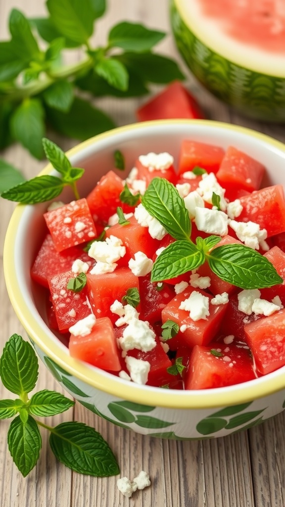 Close-up of a bowl containing a watermelon salad with feta cheese crumbles and mint leaves, set on a wooden surface with scattered mint sprigs and a watermelon slice in the background.