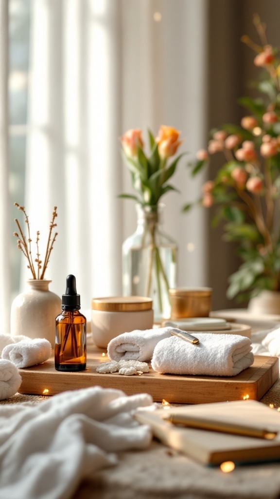 A serene setting with towels, a dropper bottle, and flowers, perfect for relaxation.