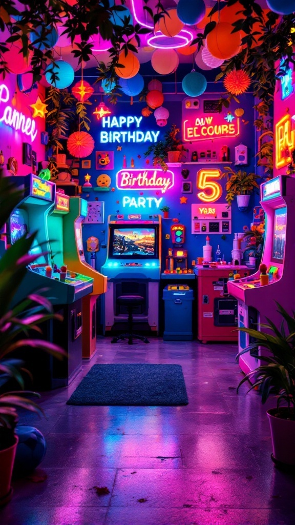 Colorful retro arcade setup for a birthday party with neon decorations.